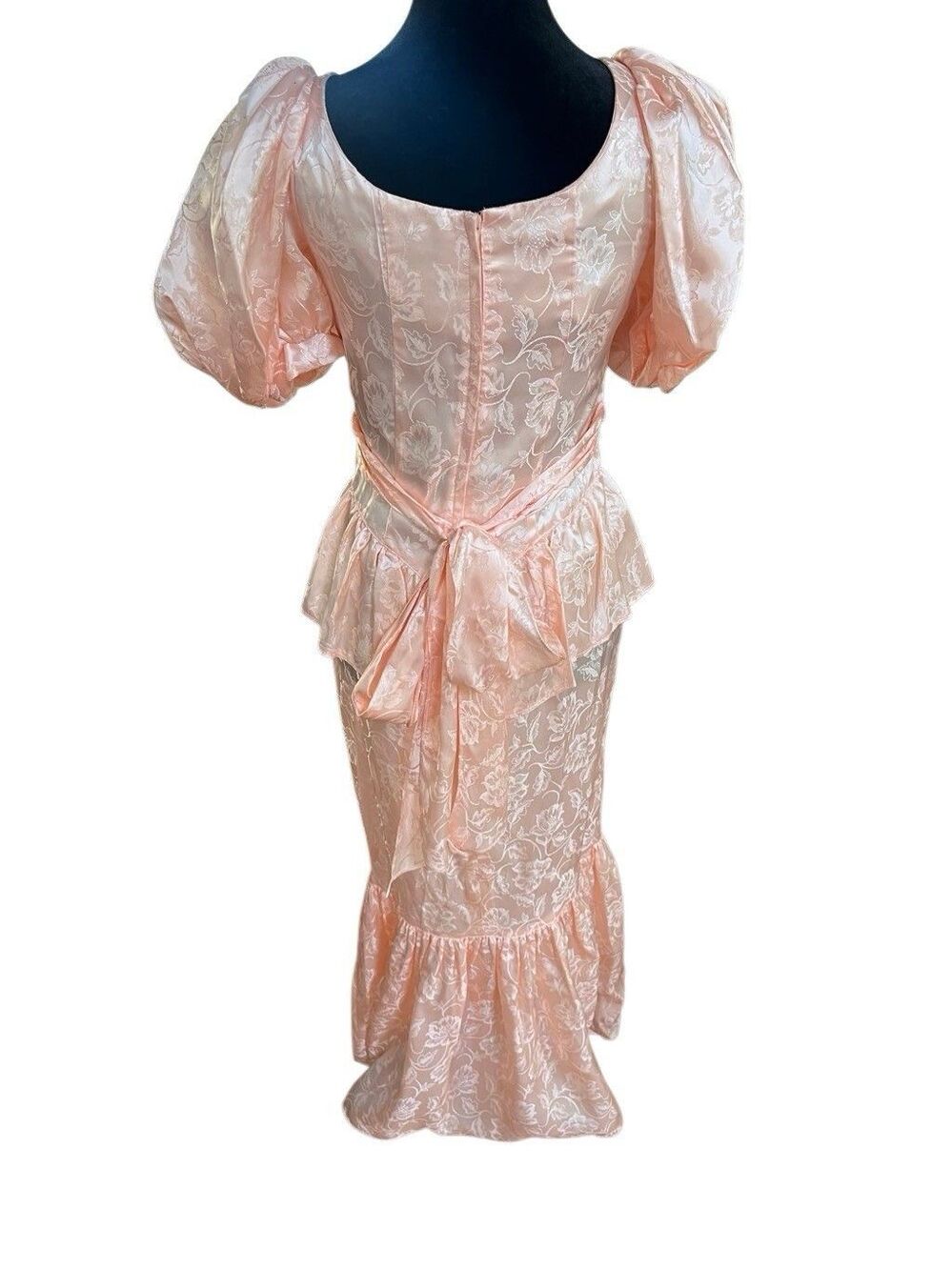 1980 VTG Gunne Sax Pink Floral Satin Puff Sleeve Ruffle Gown Size 7 - Picture 4 of 10